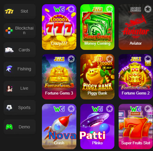 Main screen of Nova Patti game page for PK players